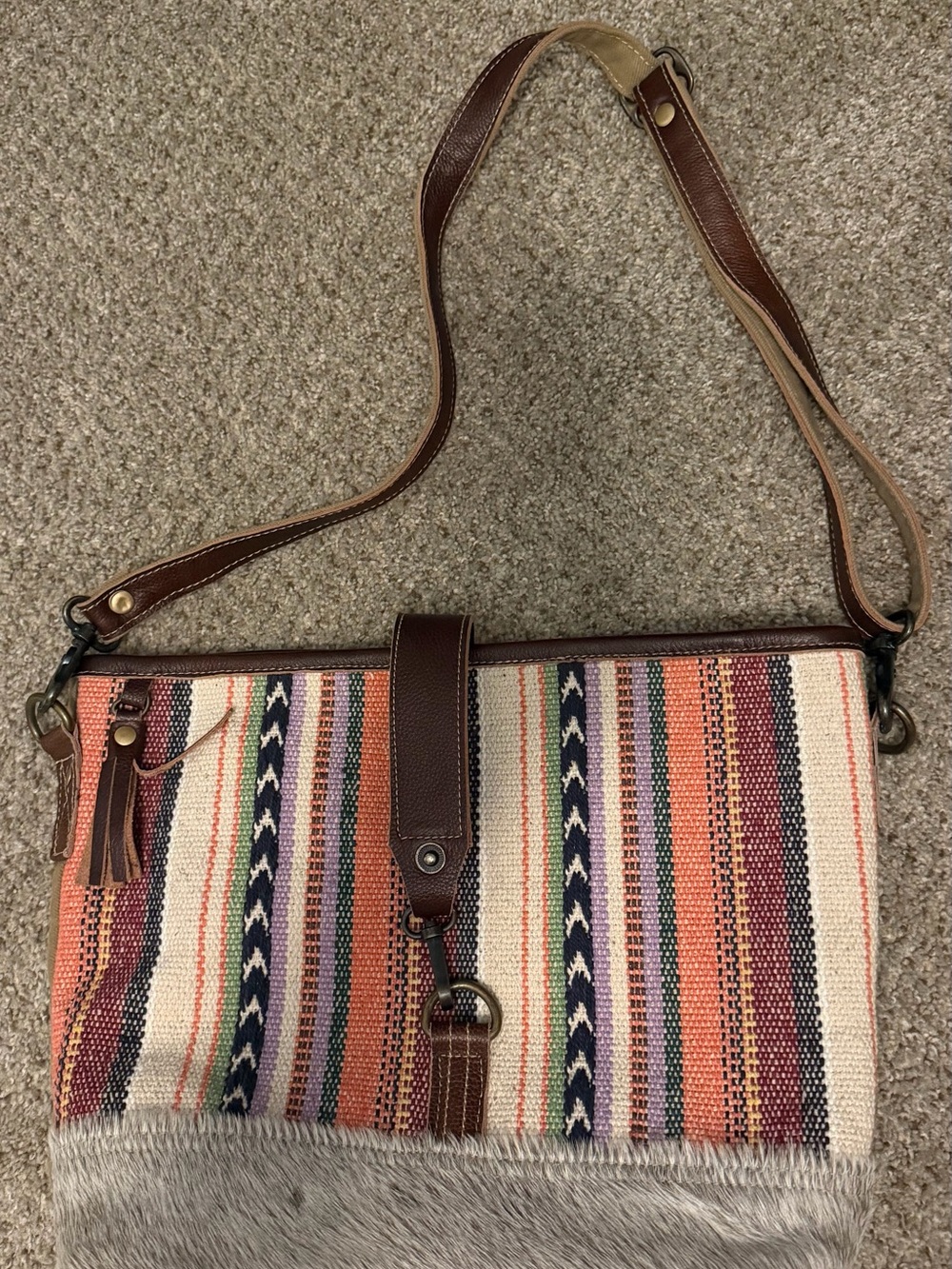 Striped Multicolor Woven Crossbody Bag with Brown Leather Trim